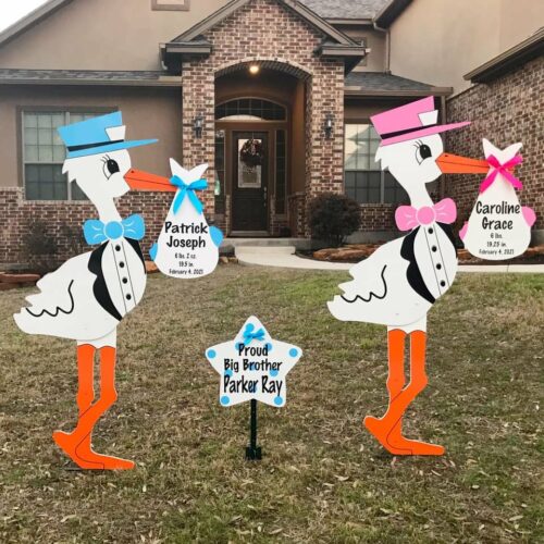 Twin Pink and Blue Stork Sign With Generic Bundles and Sibling Star, Birth Announcement Yard Stork Sign in Evansville, Boonville, Henderson, Mount Vernon & More