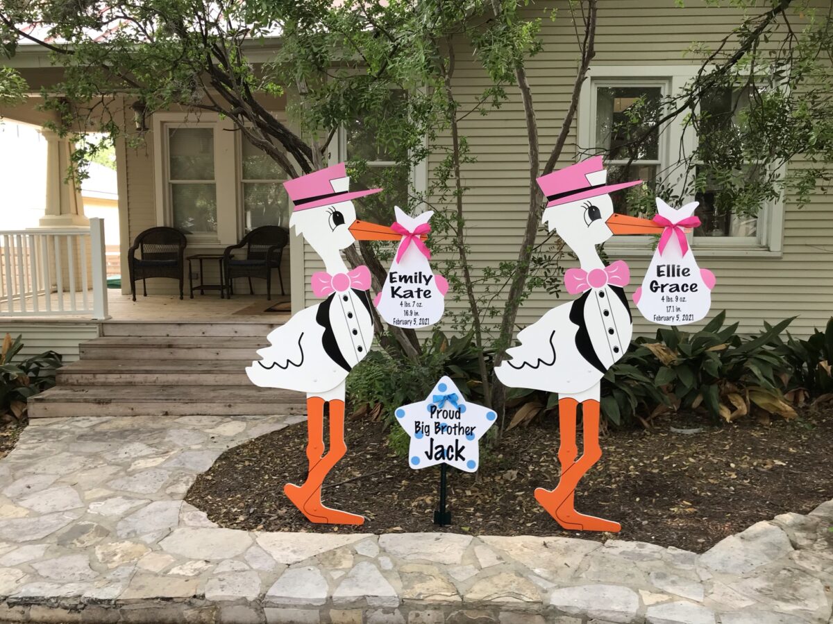 Twin Pink Stork Sign and Sibling Star, Birth Announcement Yard Stork Sign in Evansville, Boonville, Henderson, Mount Vernon & More